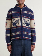 RRL - Shawl-Collar Cotton, Wool and Linen-Blend Jacquard Cardigan - Blue