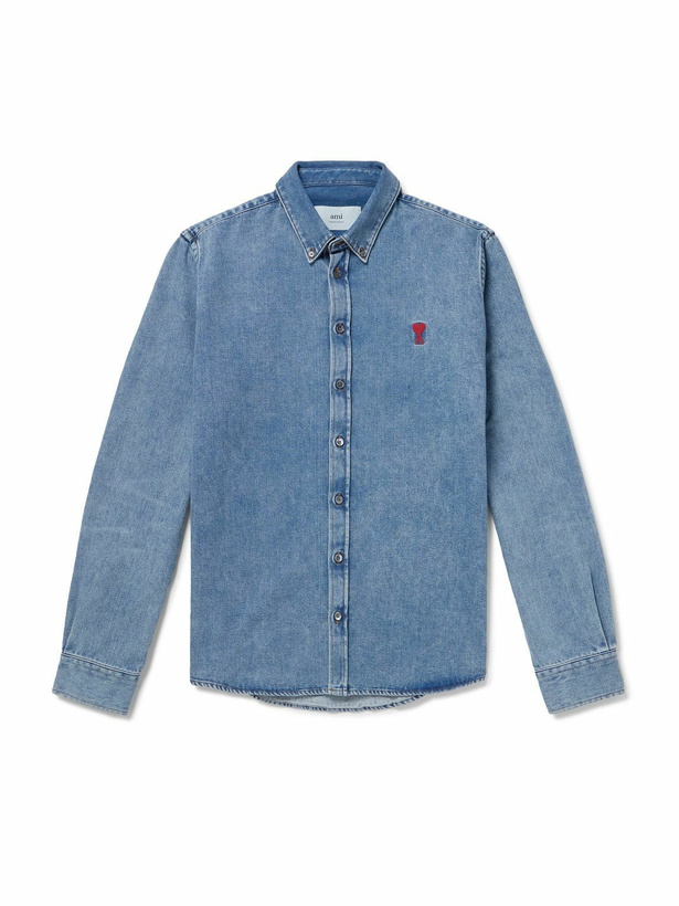 Photo: AMI PARIS - Logo-Embroidered Button-Down Collar Denim Shirt - Blue