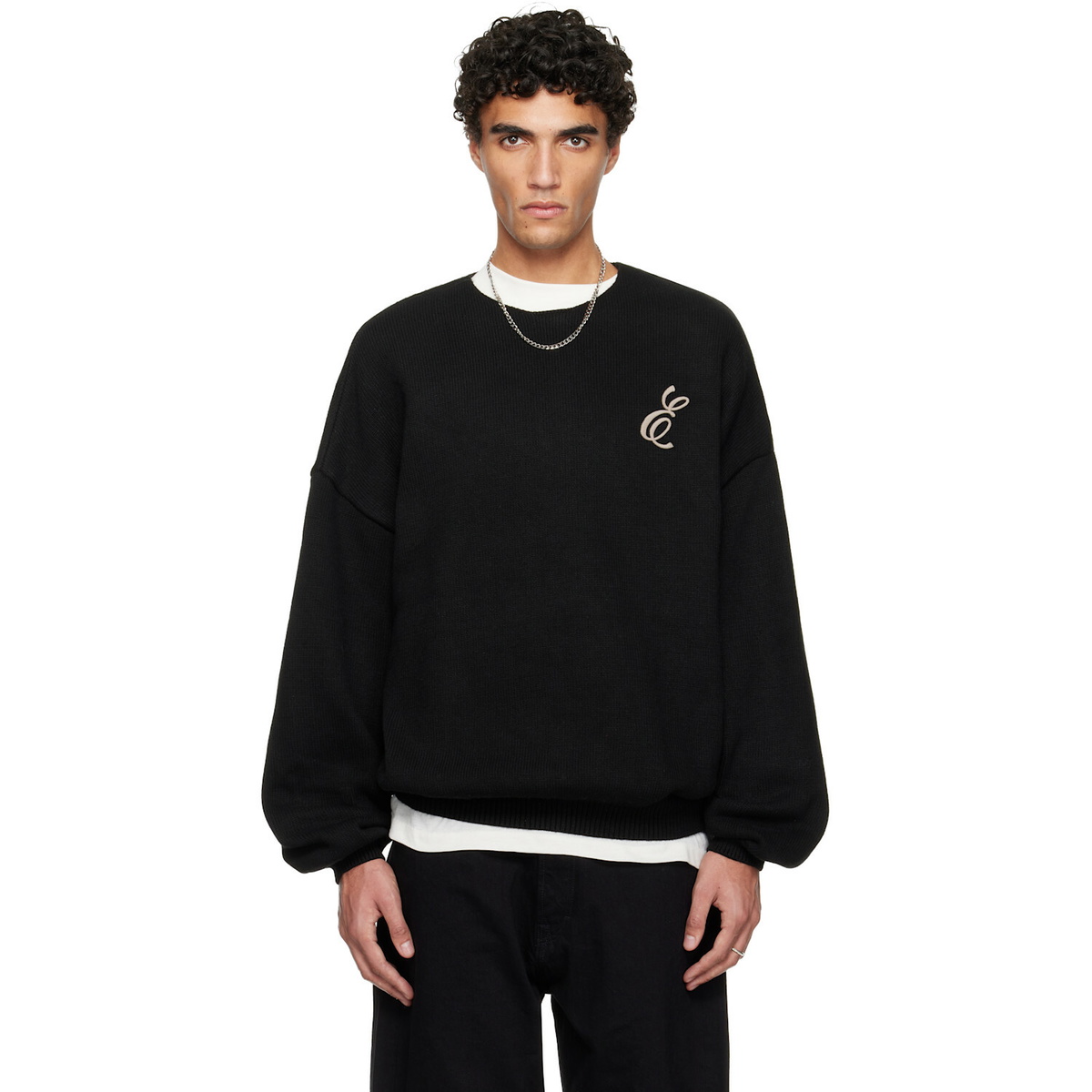 Fear of God ESSENTIALS Black Holiday Embroidered Merino Crewneck Sweater