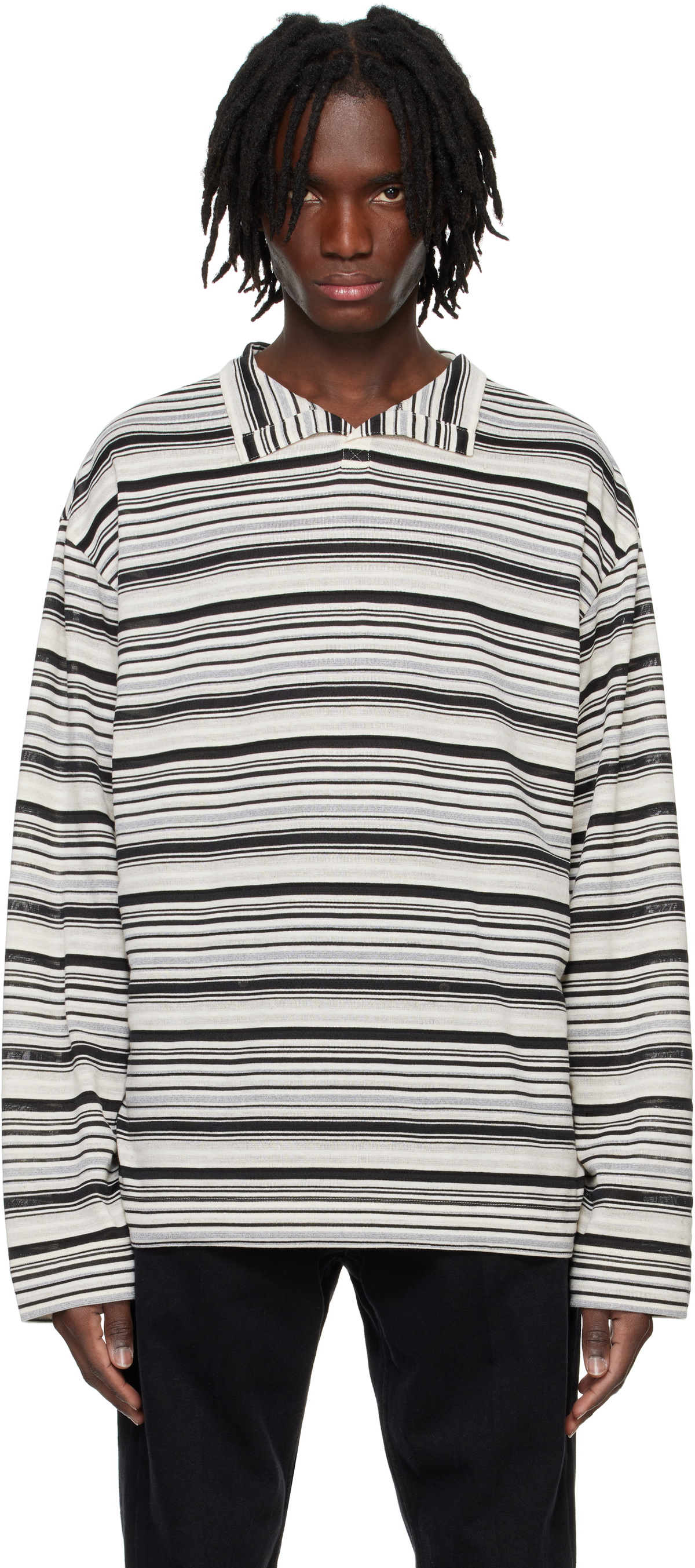 System Black High Neck Striped Polo