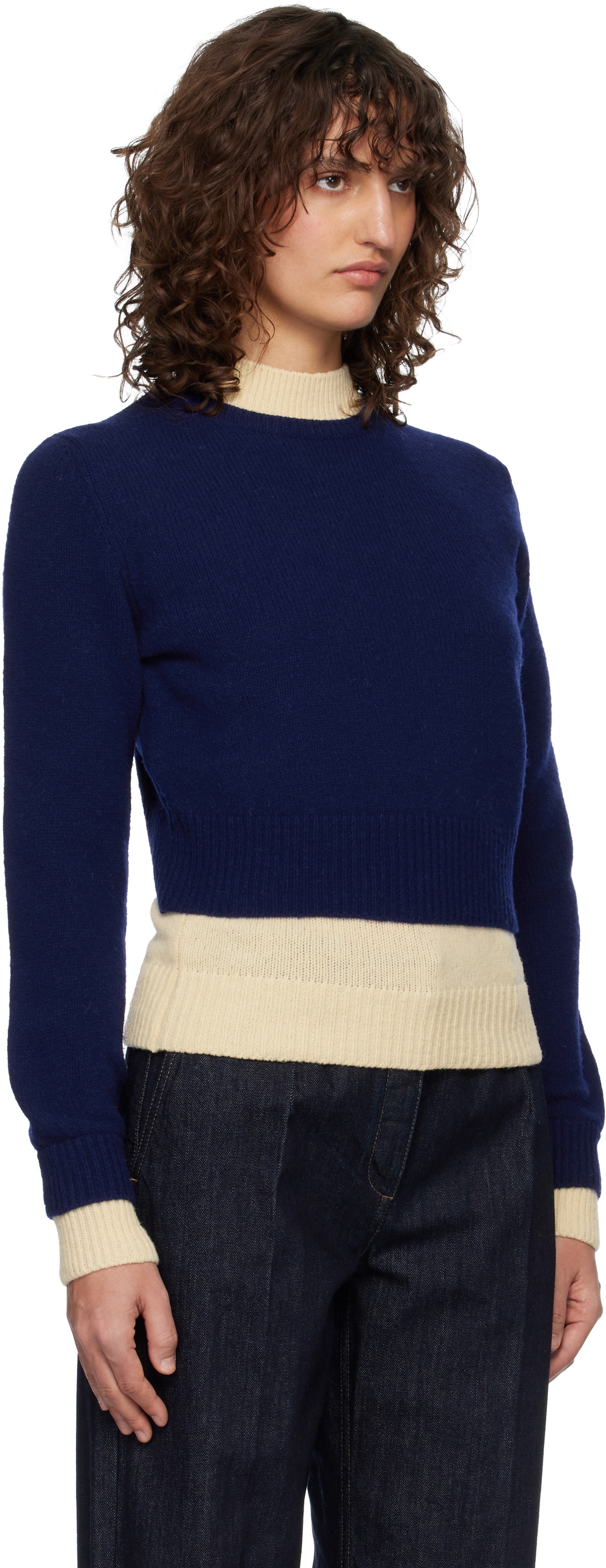 Jil Sander Blue & Off-White Wool Mock-Neck Sweater
