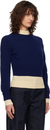 Jil Sander Blue & Off-White Wool Mock-Neck Sweater