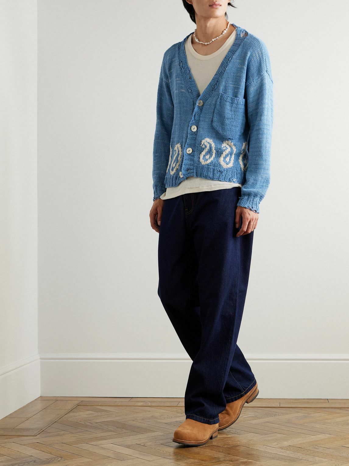 Kartik Research - Distressed Intarsia-Knit Cotton Cardigan - Blue
