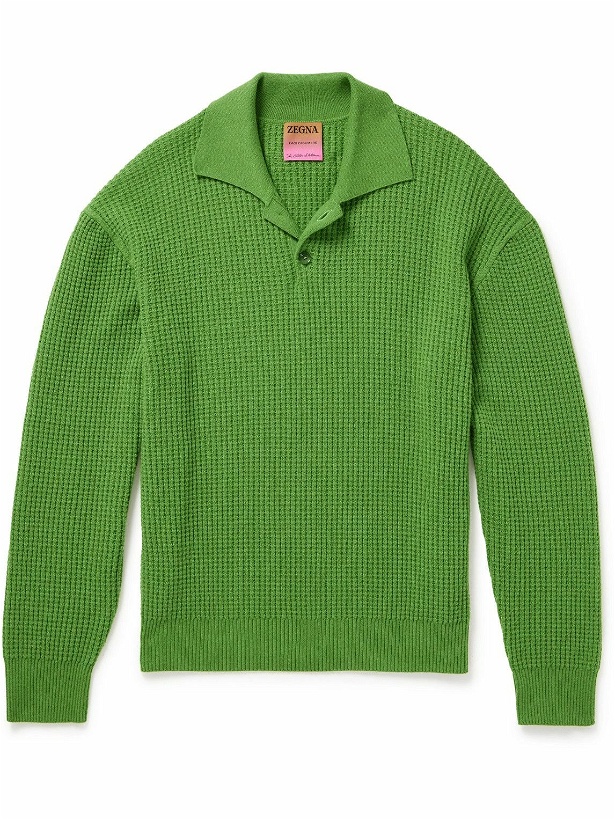 Photo: ZEGNA x The Elder Statesman - Waffle-Knit Oasi Cashmere Polo Shirt - Green