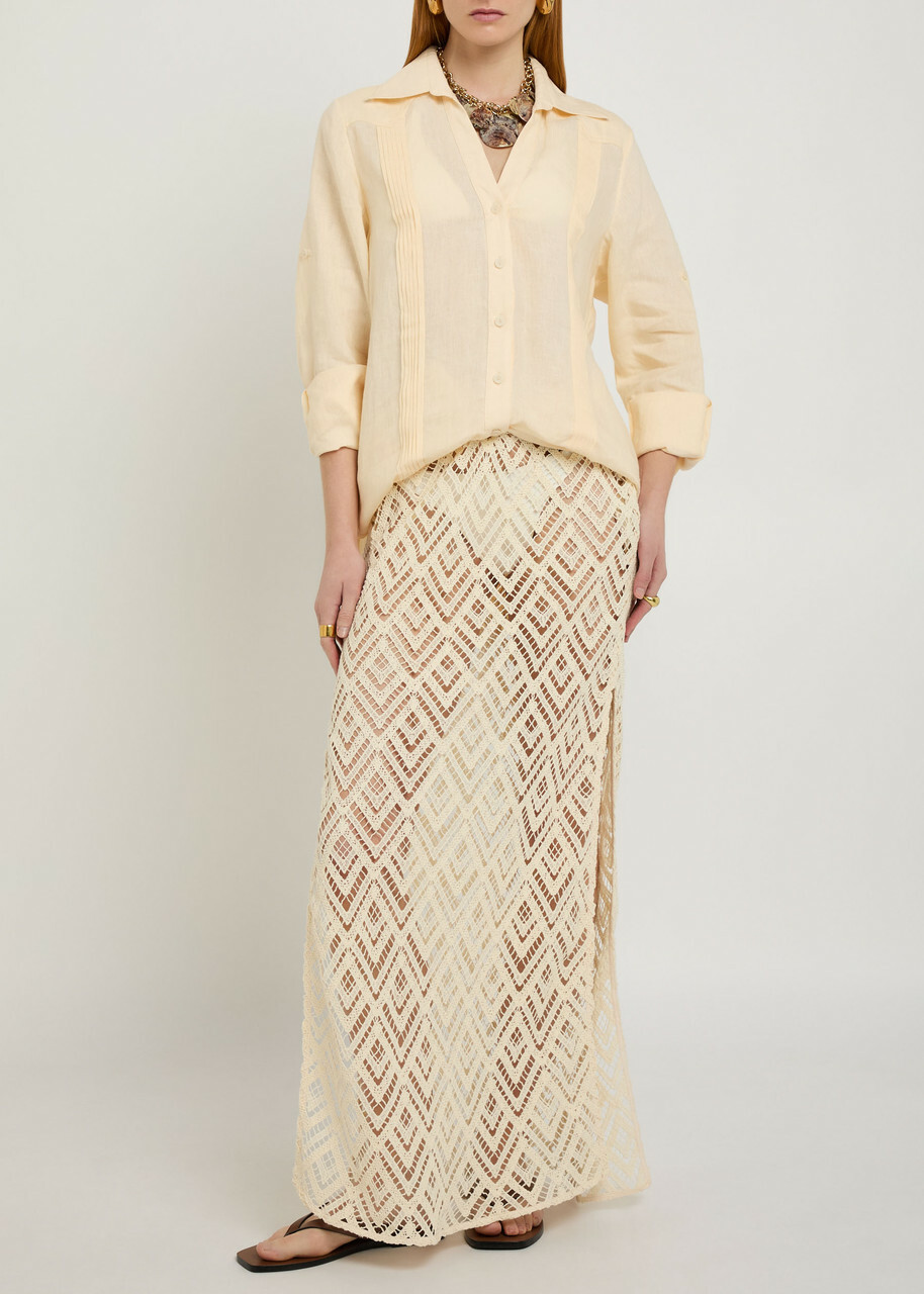Johanna Ortiz Manly Guayabera Pleated Linen Shirt Ecru