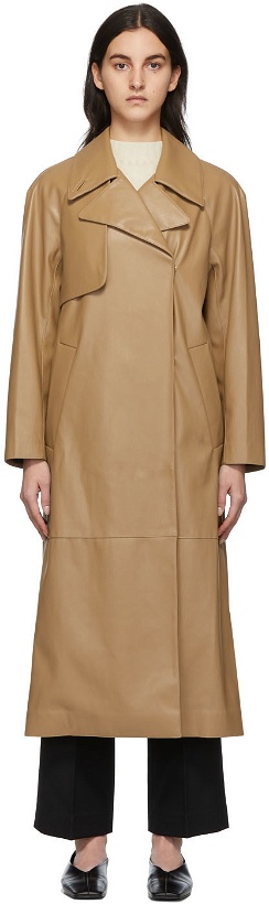 Photo: GIA STUDIOS Brown Faux-Leather Belted Trench Coat
