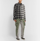 Greg Lauren - Grandad-Collar Distressed Panelled Checked Cotton-Flannel Shirt - Black