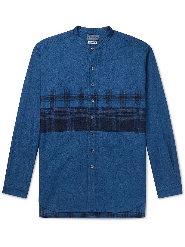 Photo: Blue Blue Japan - Grandad-Collar Checked Panelled Cotton-Flannel Shirt - Blue