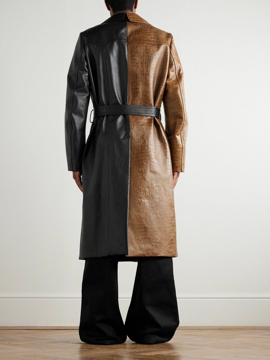 Marni - Double-Breasted Belted Two-Tone Croc-Effect Leather Coat - Black