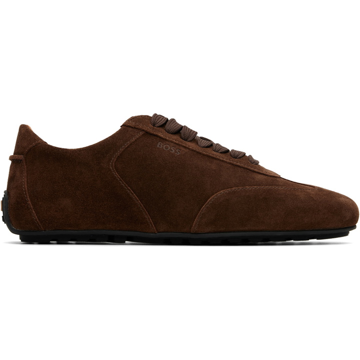 Photo: BOSS Brown Suede Embossed Logo Sneakers