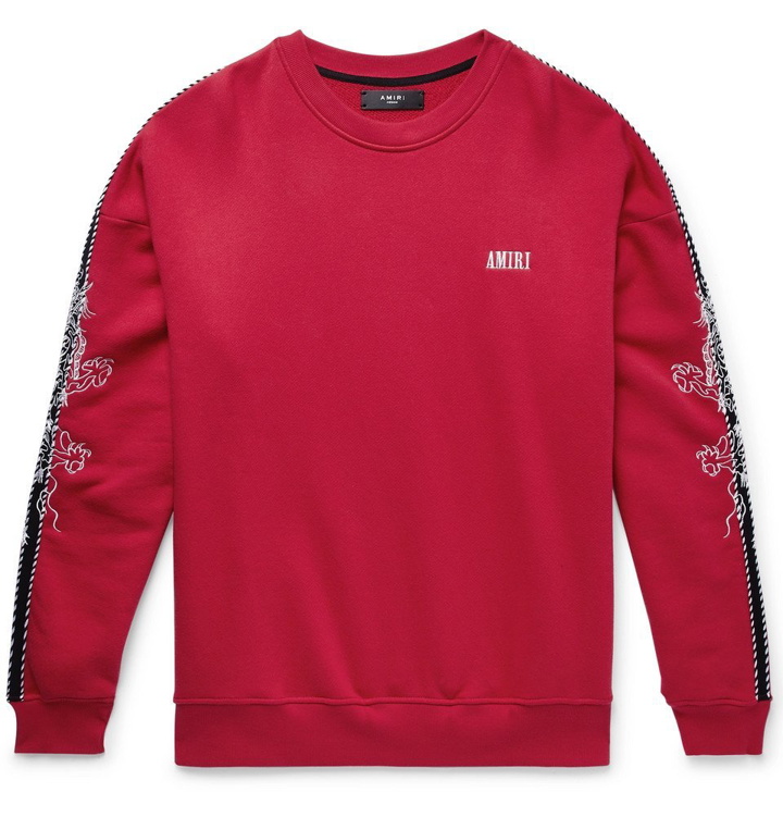 Photo: AMIRI - Oversized Embroidered Webbing-Trimmed Loopback Cotton-Jersey Sweatshirt - Red