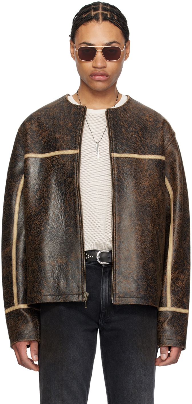 Photo: GUESS USA Brown Round Neck Leather Jacket