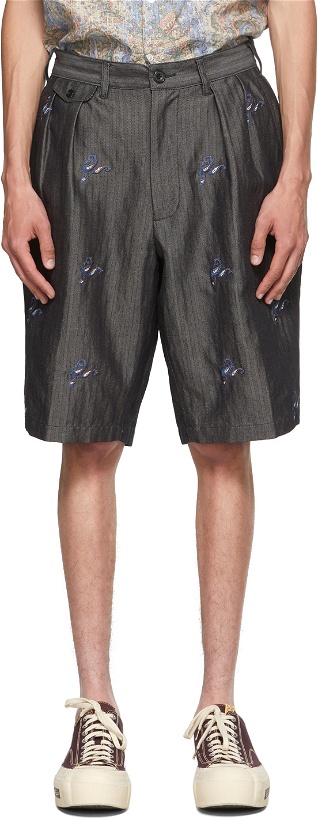 Photo: BEAMS PLUS Grey Herringbone Two-Pleated Embroidered Shorts