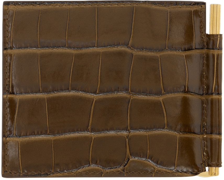 TOM FORD Khaki Shiny Croc T Line Money Clip Wallet TOM FORD