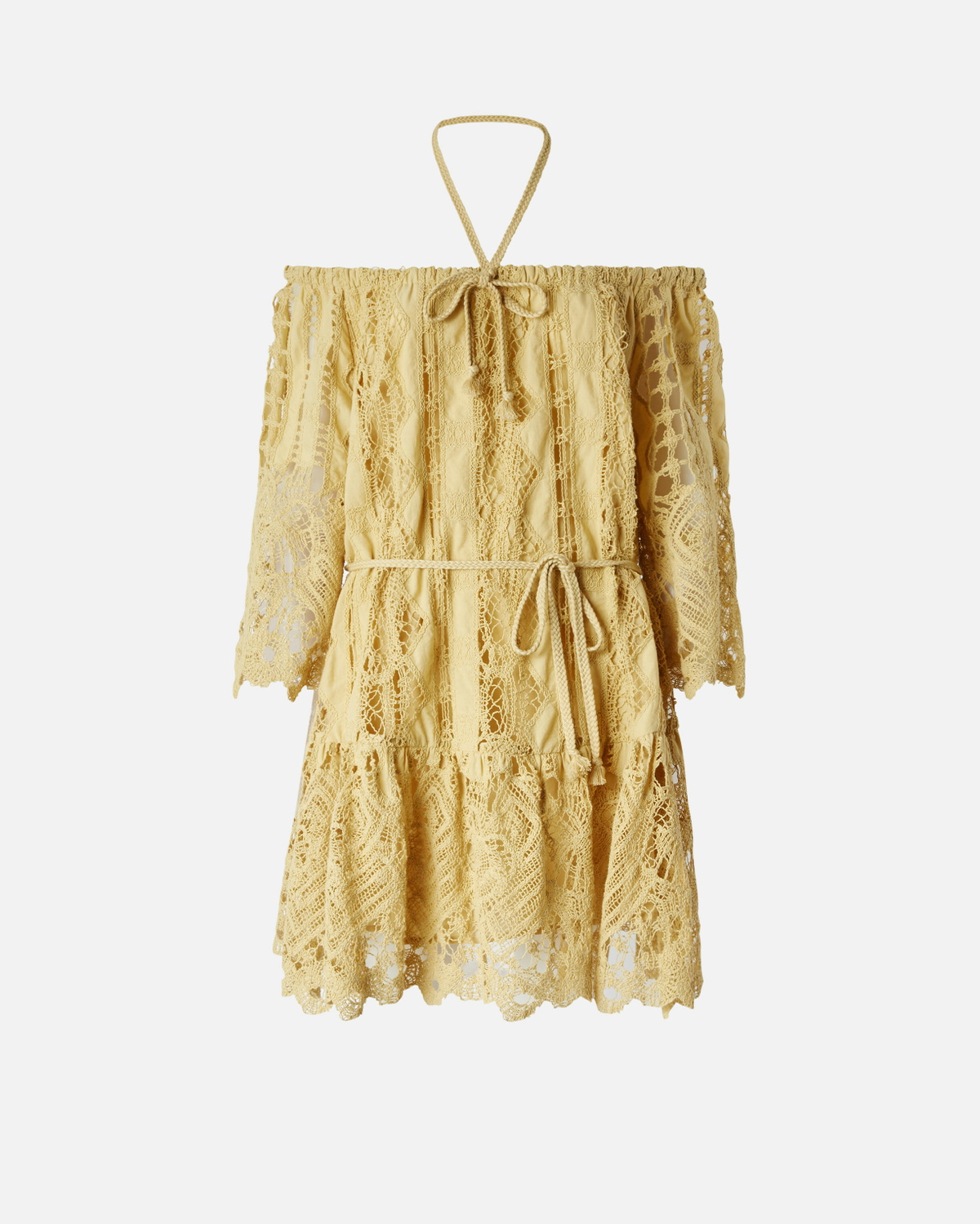 Pinko Open Shoulder Mini Dress With Openwork Rattan Yellow