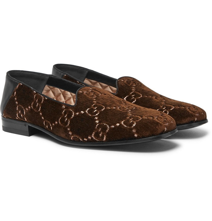 Photo: Gucci - Gallipoli Collapsible-Heel Leather-Trimmed Embroidered Velvet Loafers - Men - Brown