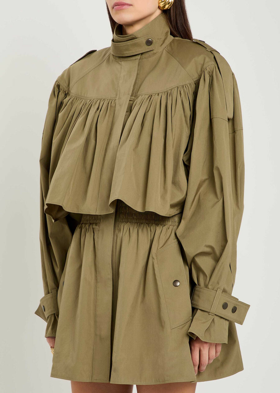 Chloe Gathered Cotton-poplin Coat Olive