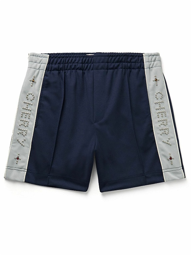 Photo: CHERRY LA - Straight-Leg Embellished Striped Tech-Jersey Shorts - Blue