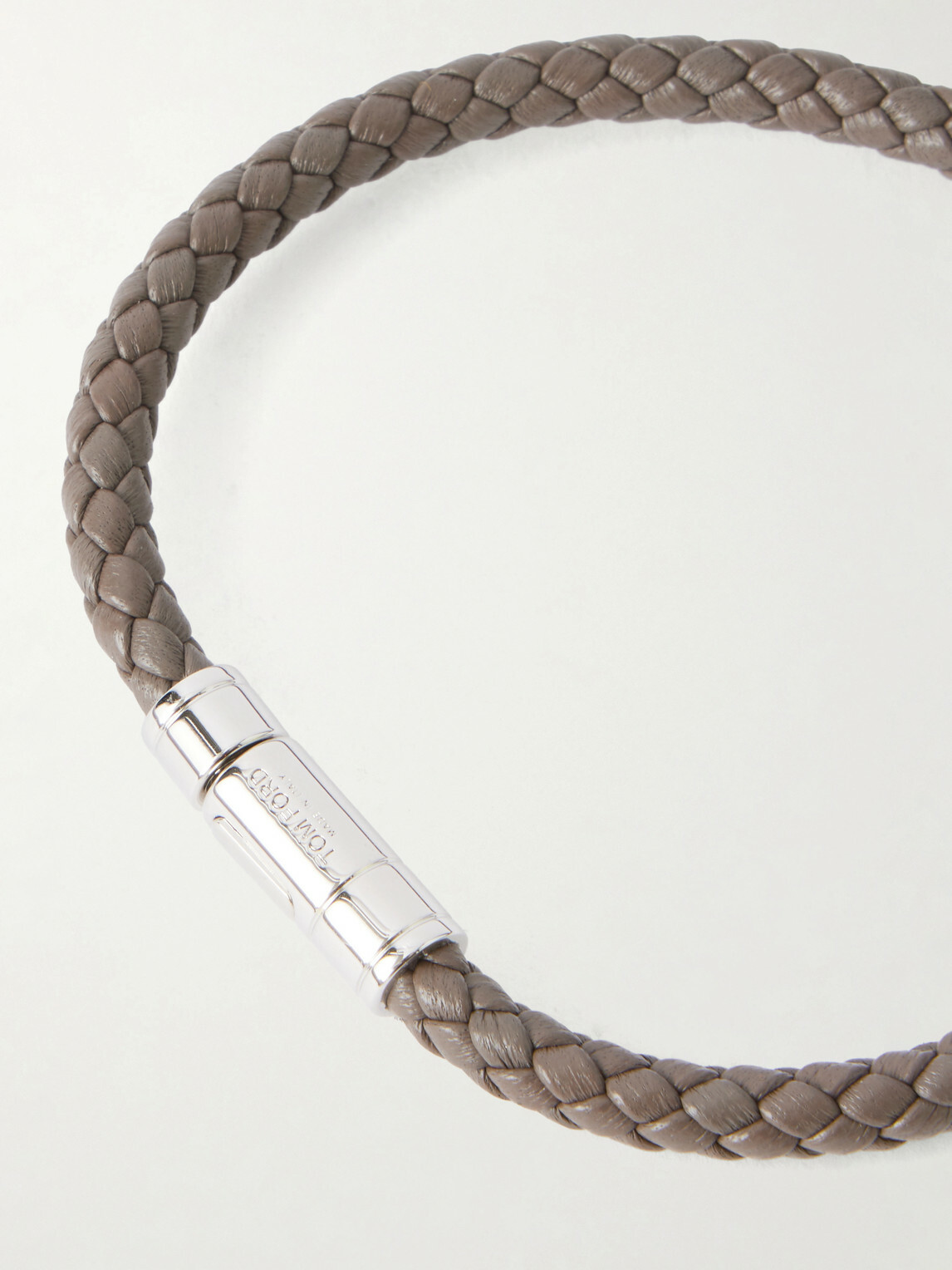 TOM FORD - Logo-Engraved Silver-Tone and Woven Leather Bracelet - Gray