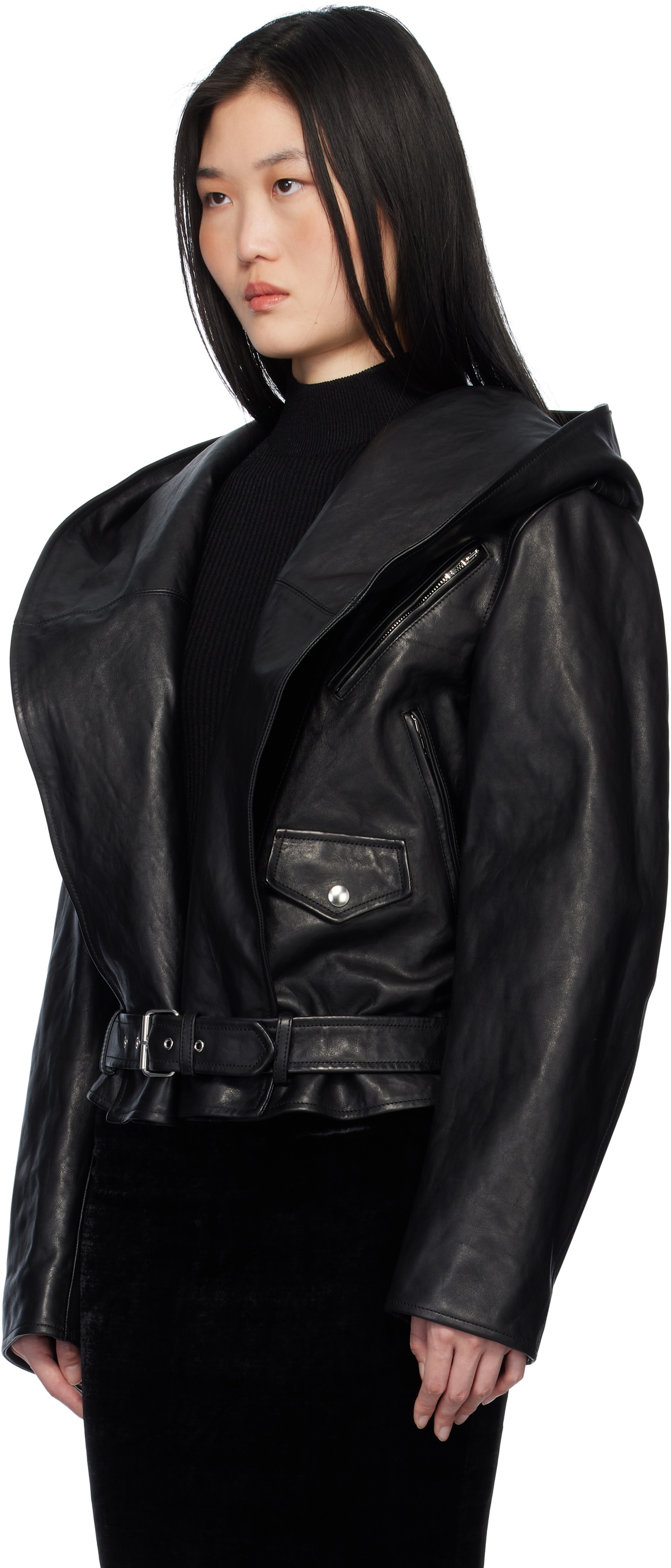 ALAÏA Black Hooded Biker Leather Jacket