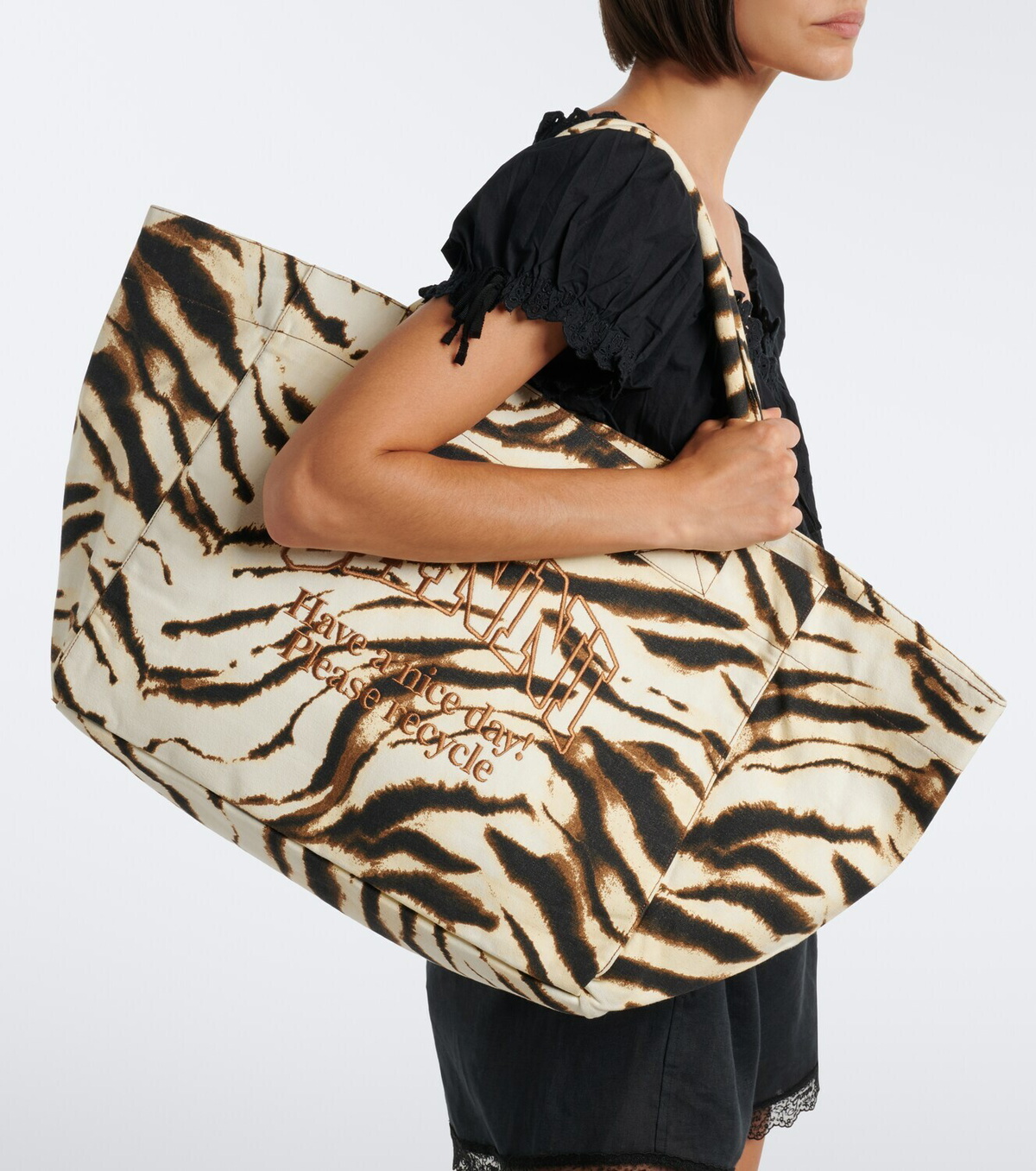 Ganni Large zebra-print canvas tote bag