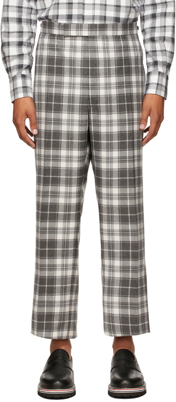 Photo: Thom Browne Grey Wool Tartan Check Side Tab Trousers