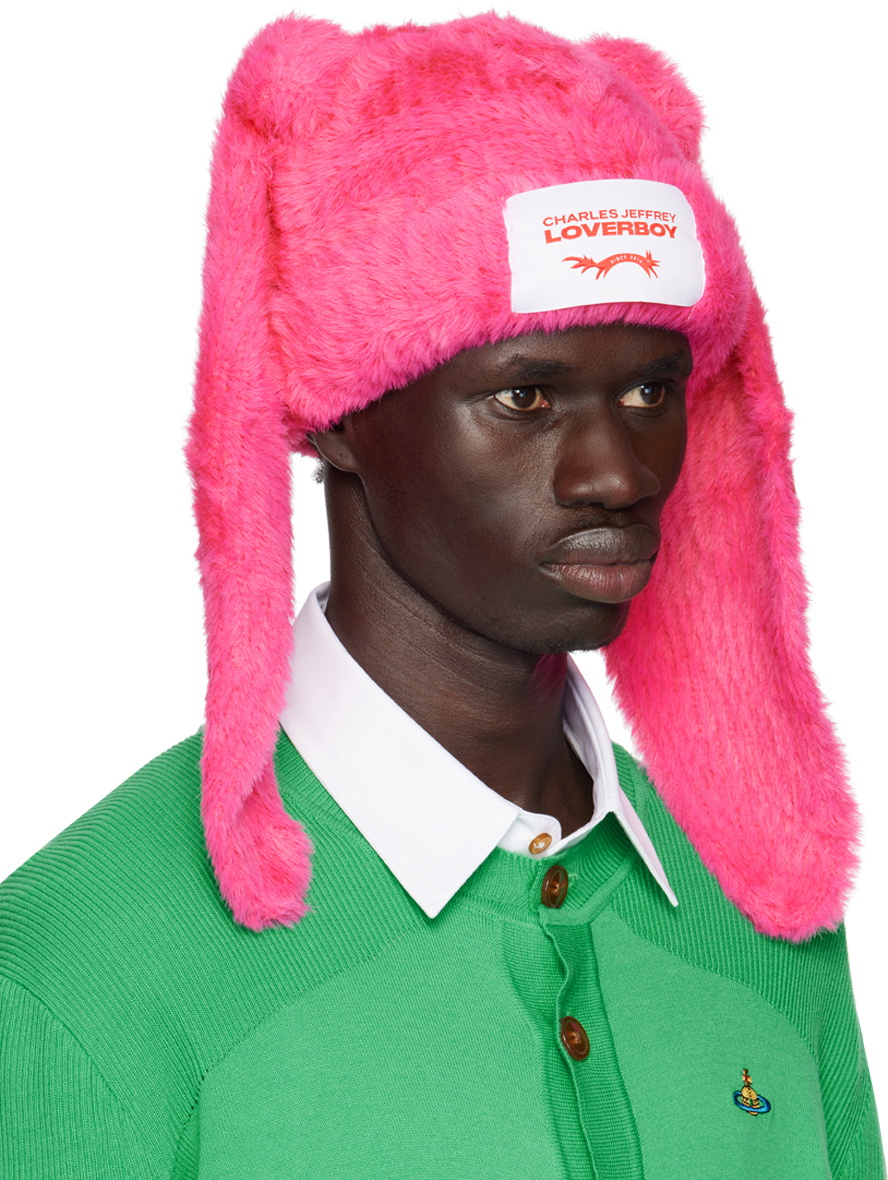 Charles Jeffrey LOVERBOY Pink Fluffy Chunky Rabbit Beanie