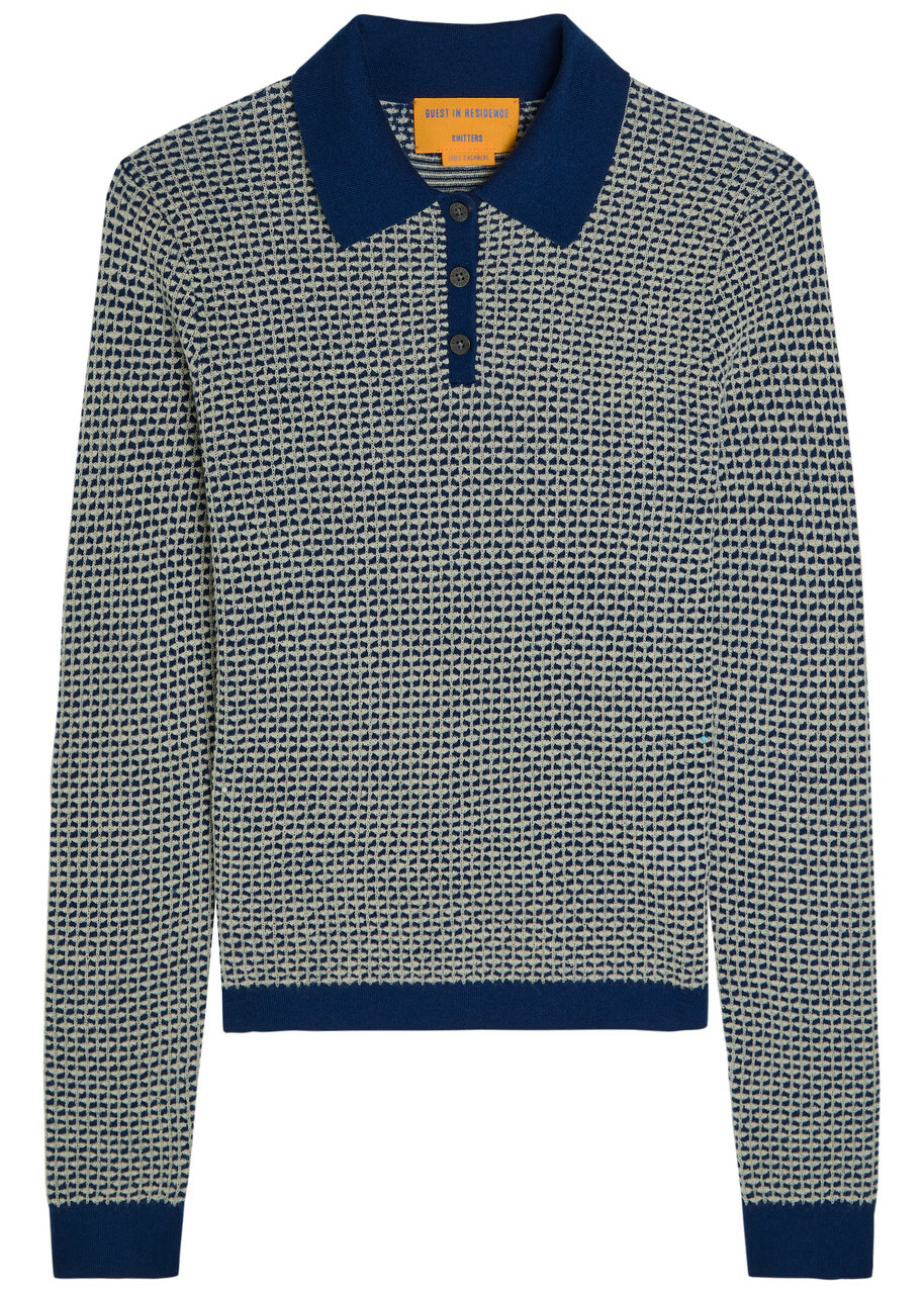 Guest In Residence Shrunken Patterned Cashmere Polo top Navy