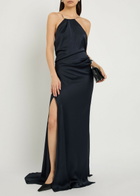 Victoria Beckham Draped Halterneck Satin-crepe Gown Navy