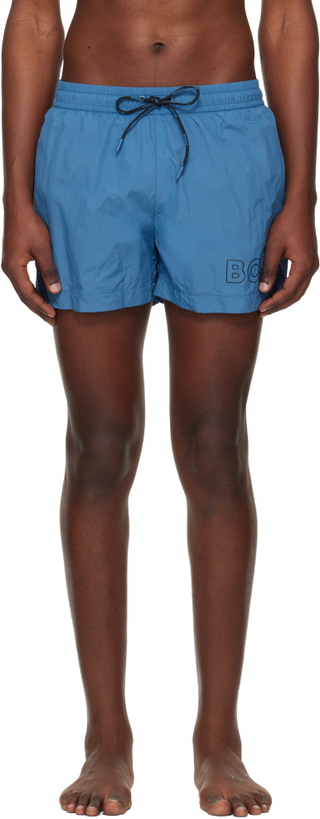 Photo: BOSS Blue Outline Logo Print Swim Shorts