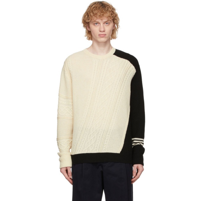 Photo: Neil Barrett Off-White and Black Cable Knit Asymmetric Sweater