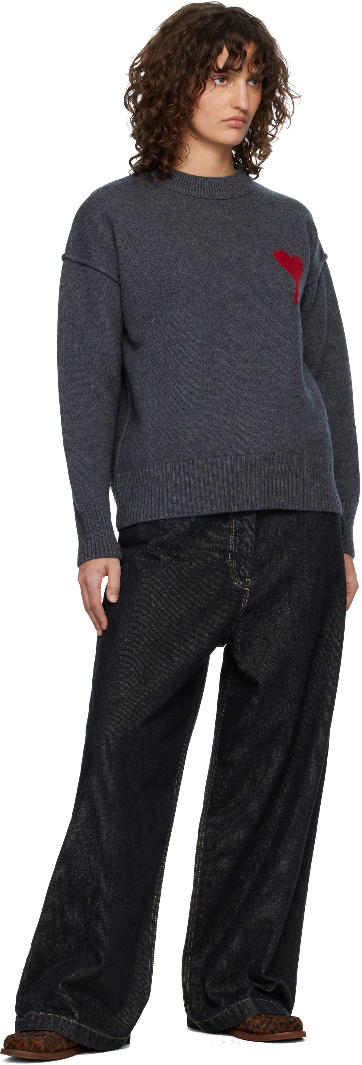 AMI Paris Gray Wool Crewneck Ami de Coeur Sweater