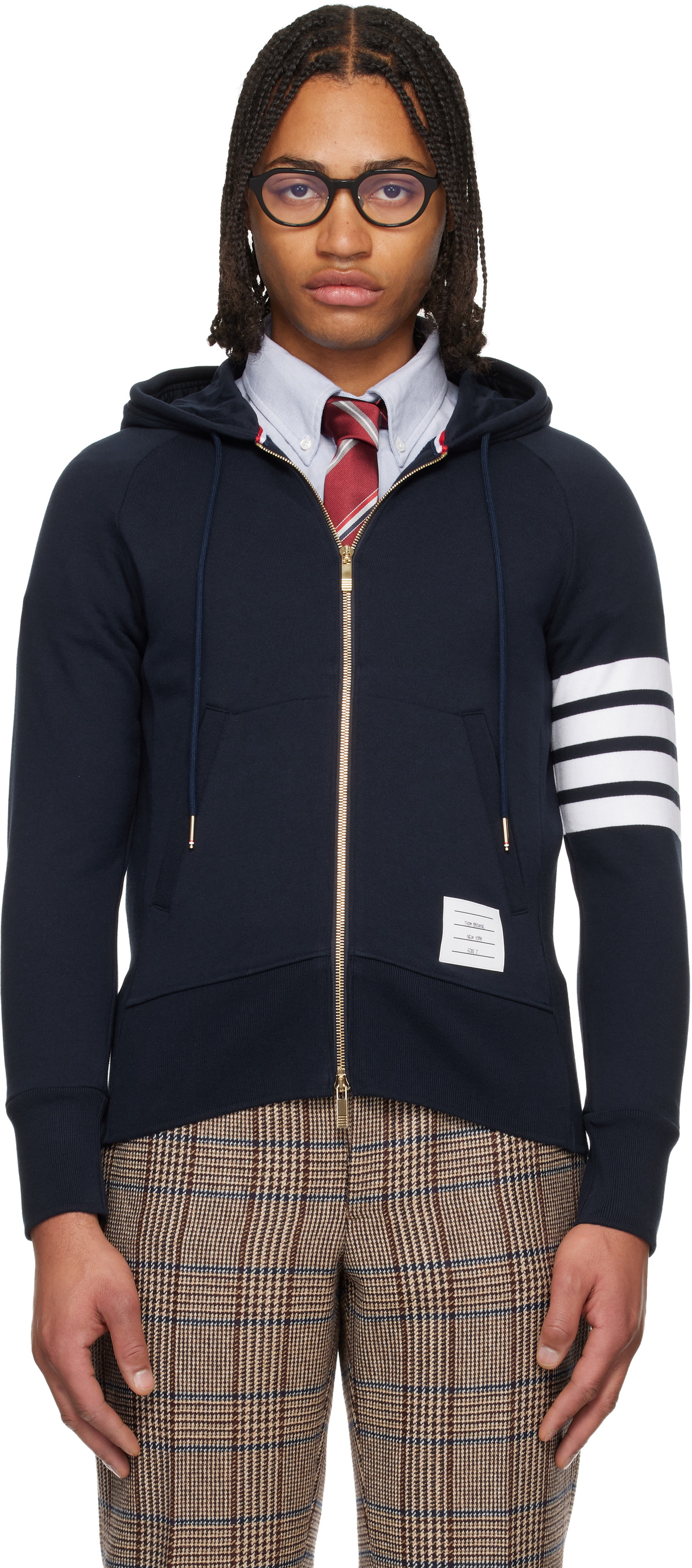 Thom Browne Navy Classic Loopback 4-Bar Full Zip Hoodie