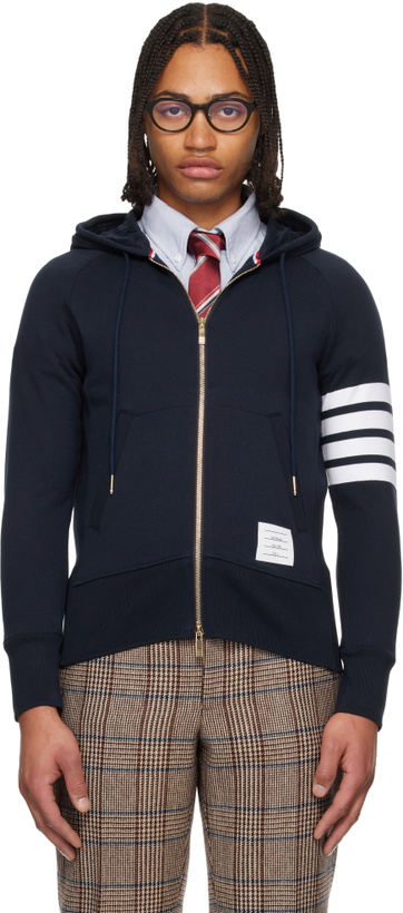 Photo: Thom Browne Navy Classic Loopback 4-Bar Full Zip Hoodie