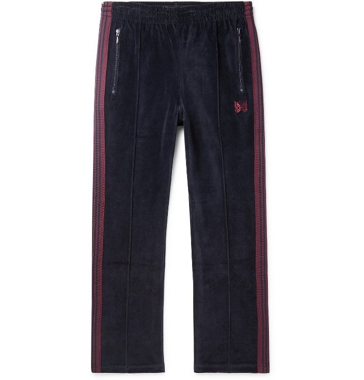 Photo: Needles - Logo-Embroidered Webbing-Trimmed Cotton-Blend Velour Track Pants - Blue