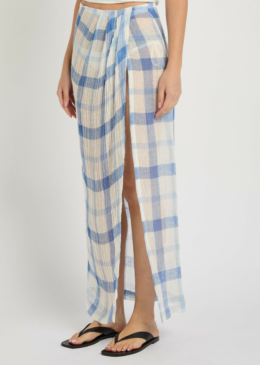 Lisa Marie Fernandez Checked Linen-blend Sarong Skirt Blue And White