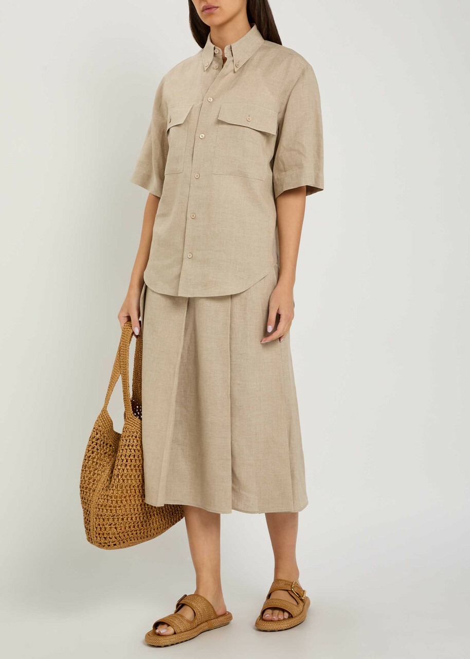 Tods Pleated Linen Midi Skirt Beige