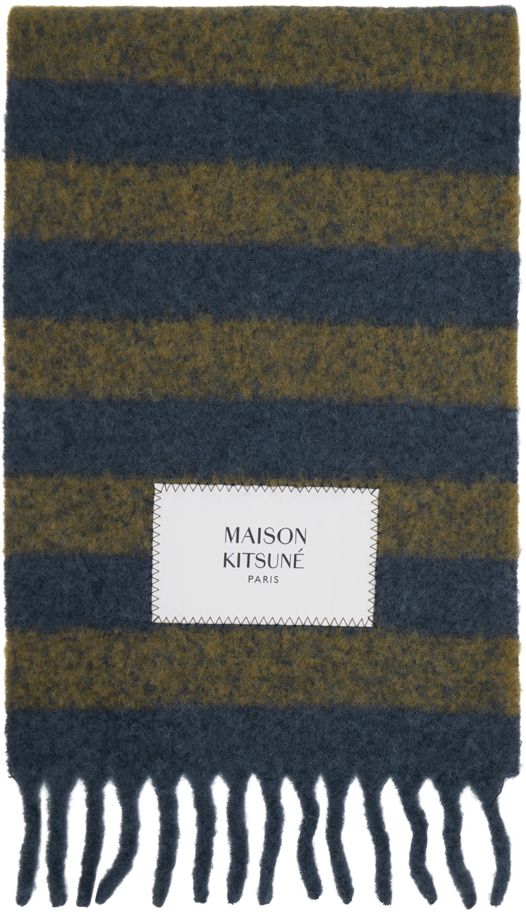 Maison Kitsuné Navy & Green Striped Scarf Maison Kitsune