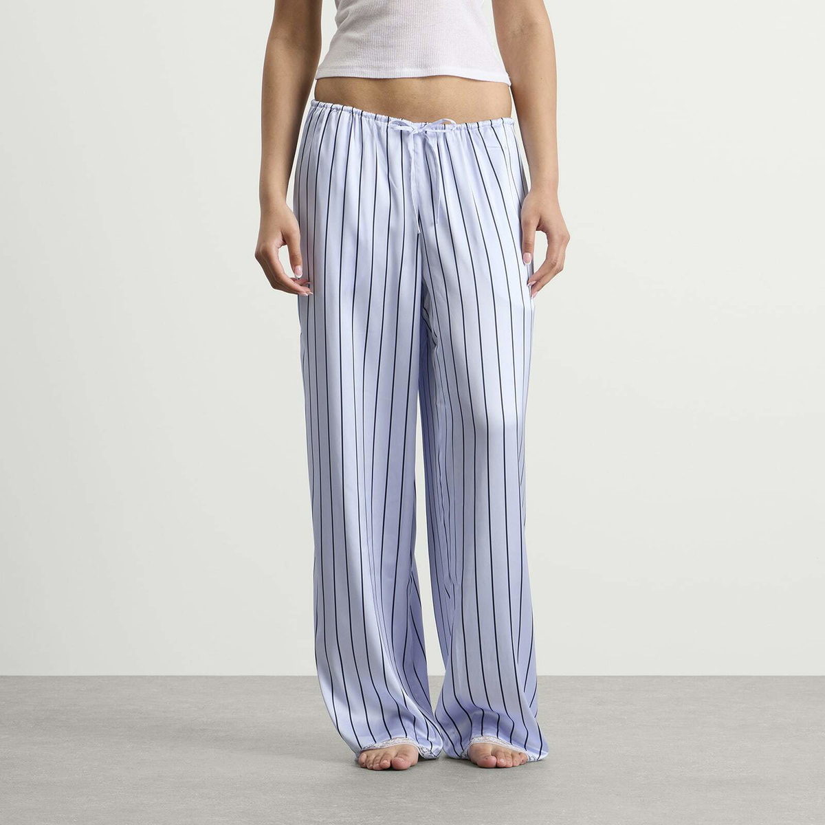 SKIMS Women's Woven Shine Pant With Lace in Powder Blue Stripe