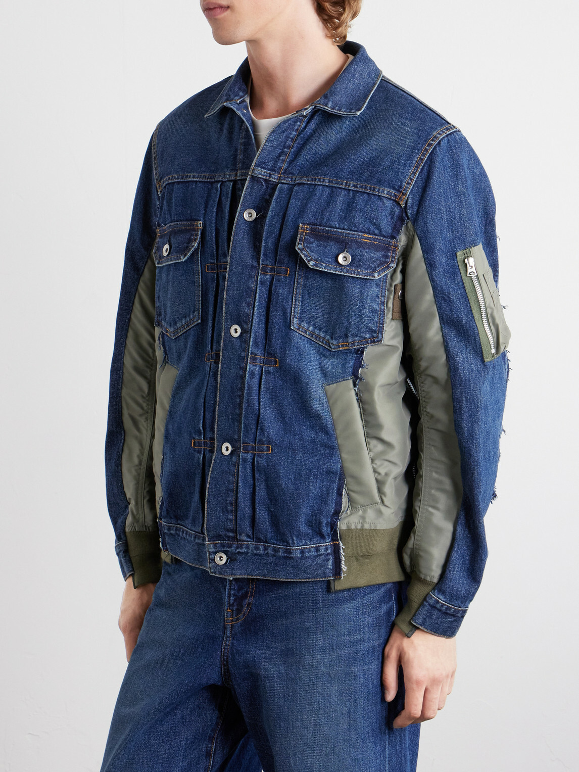Sacai - Distressed Shell-Trimmed Denim Jacket - Blue