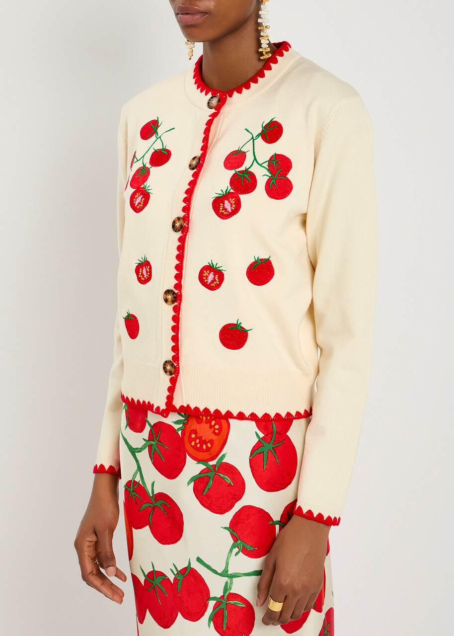 Never Fully Dressed Tomato Embroidered Knit Cardigan Cream