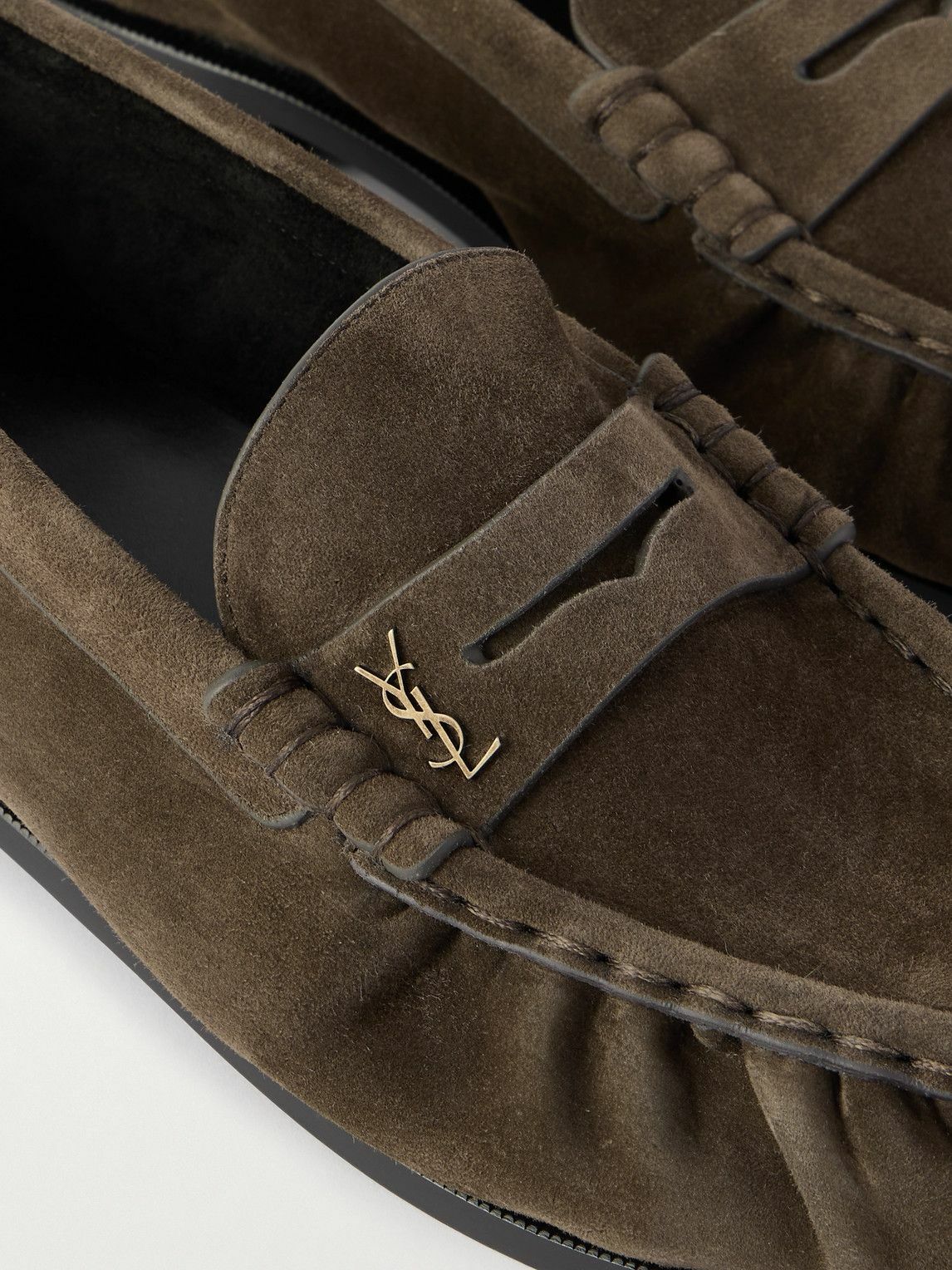 SAINT LAURENT - Le Loafer Monogram Logo-Appliquéd Suede Penny Loafers - Gray