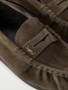 SAINT LAURENT - Le Loafer Monogram Logo-Appliquéd Suede Penny Loafers - Gray
