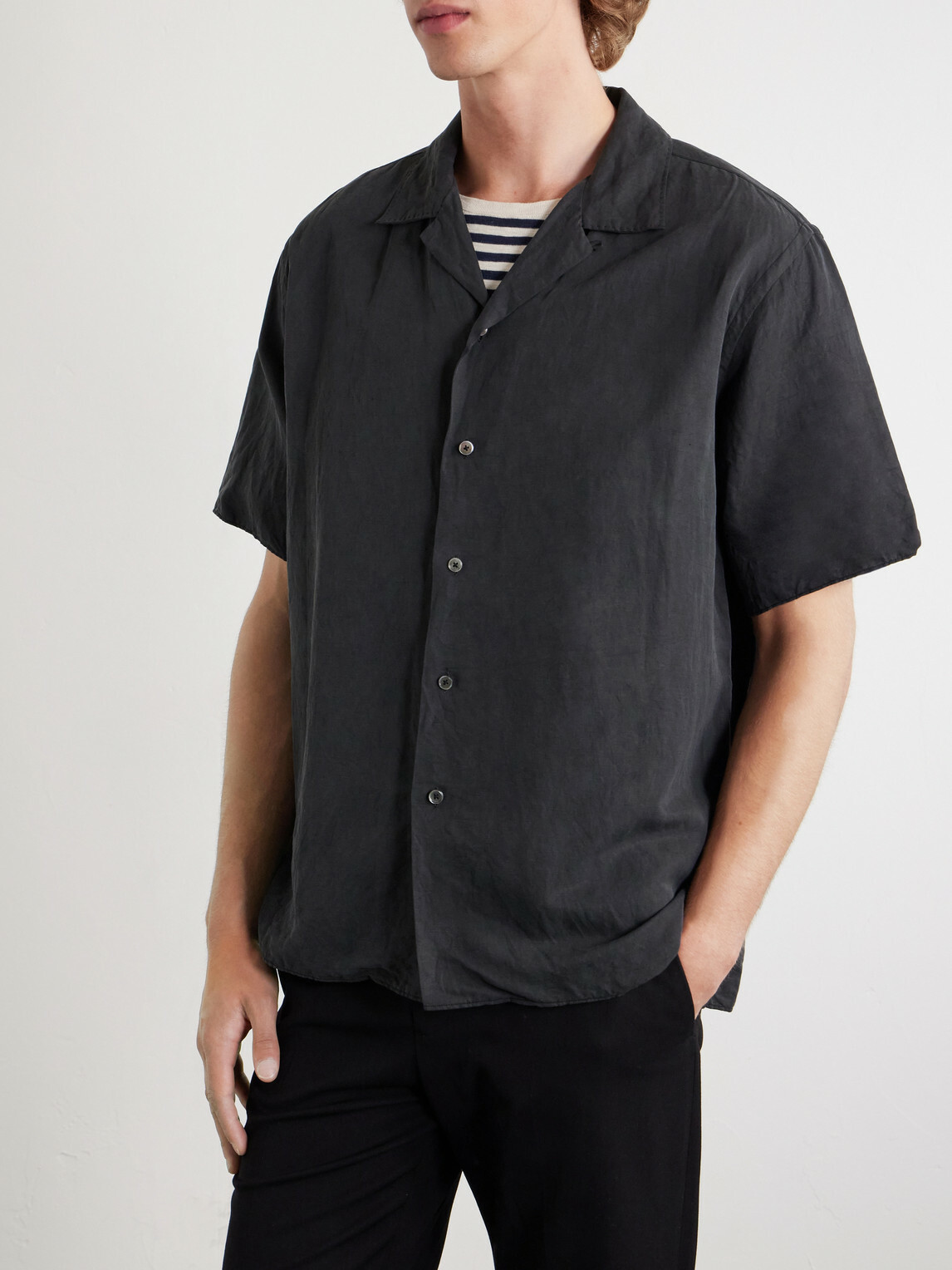 A.PRESSE - Convertible-Collar Silk and Linen-Blend Shirt - Black