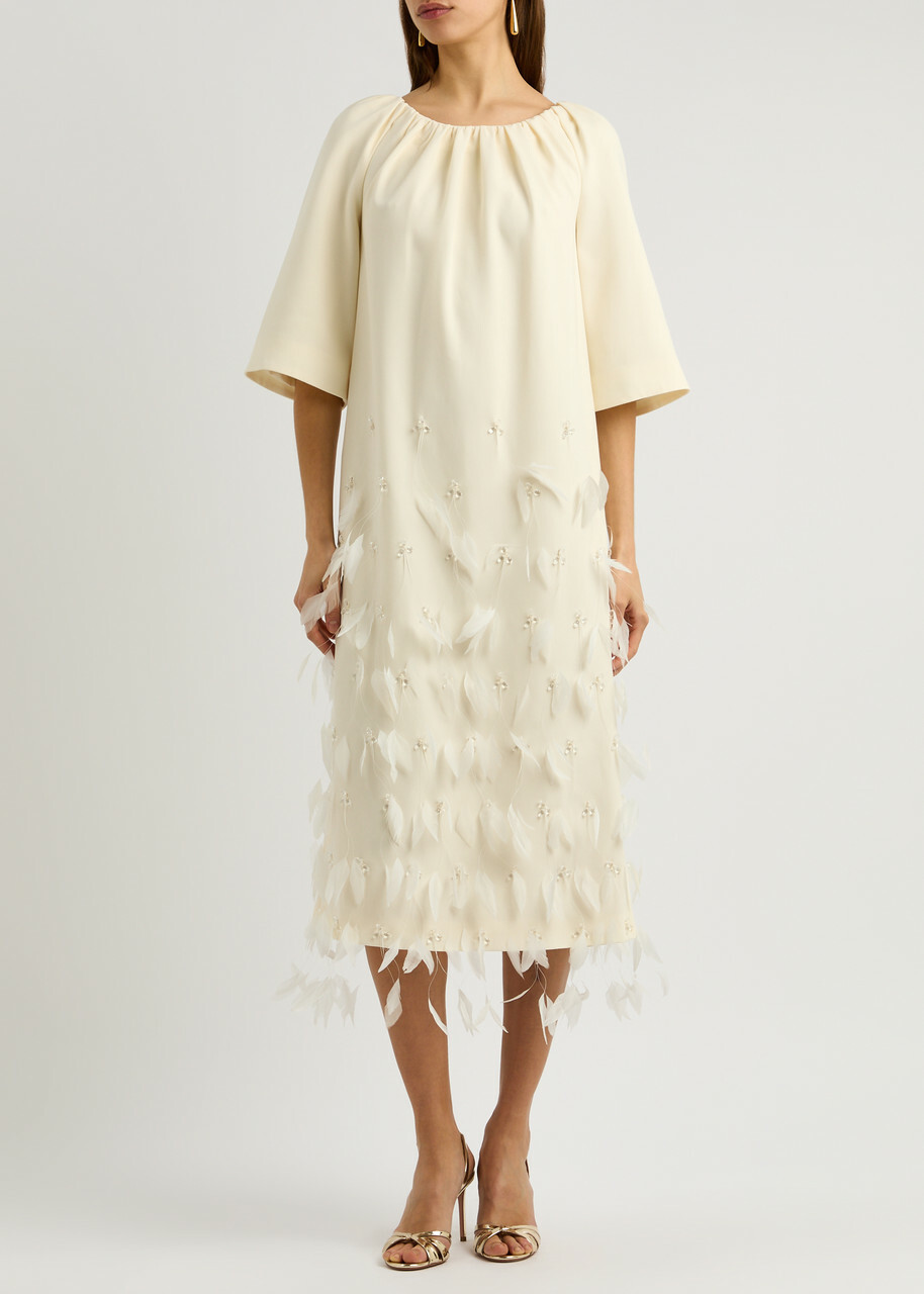 Huishan Zhang Kassia Feather-embellished Crepe Midi Dress White