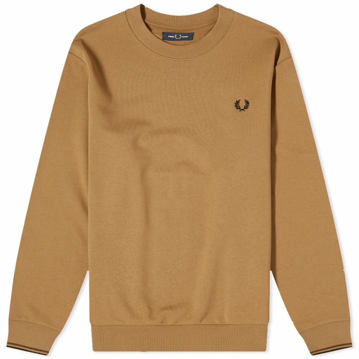 Photo: Fred Perry Men's Crew Neck Sweatshirt in Shaded Stone/Burnt Tobacco