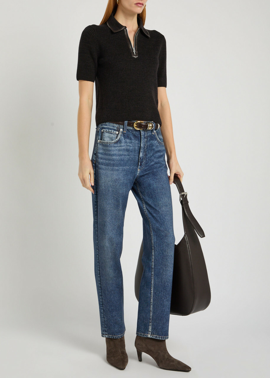 Rag & Bone Caterina Ribbed Wool-blend Polo top Dark Brown