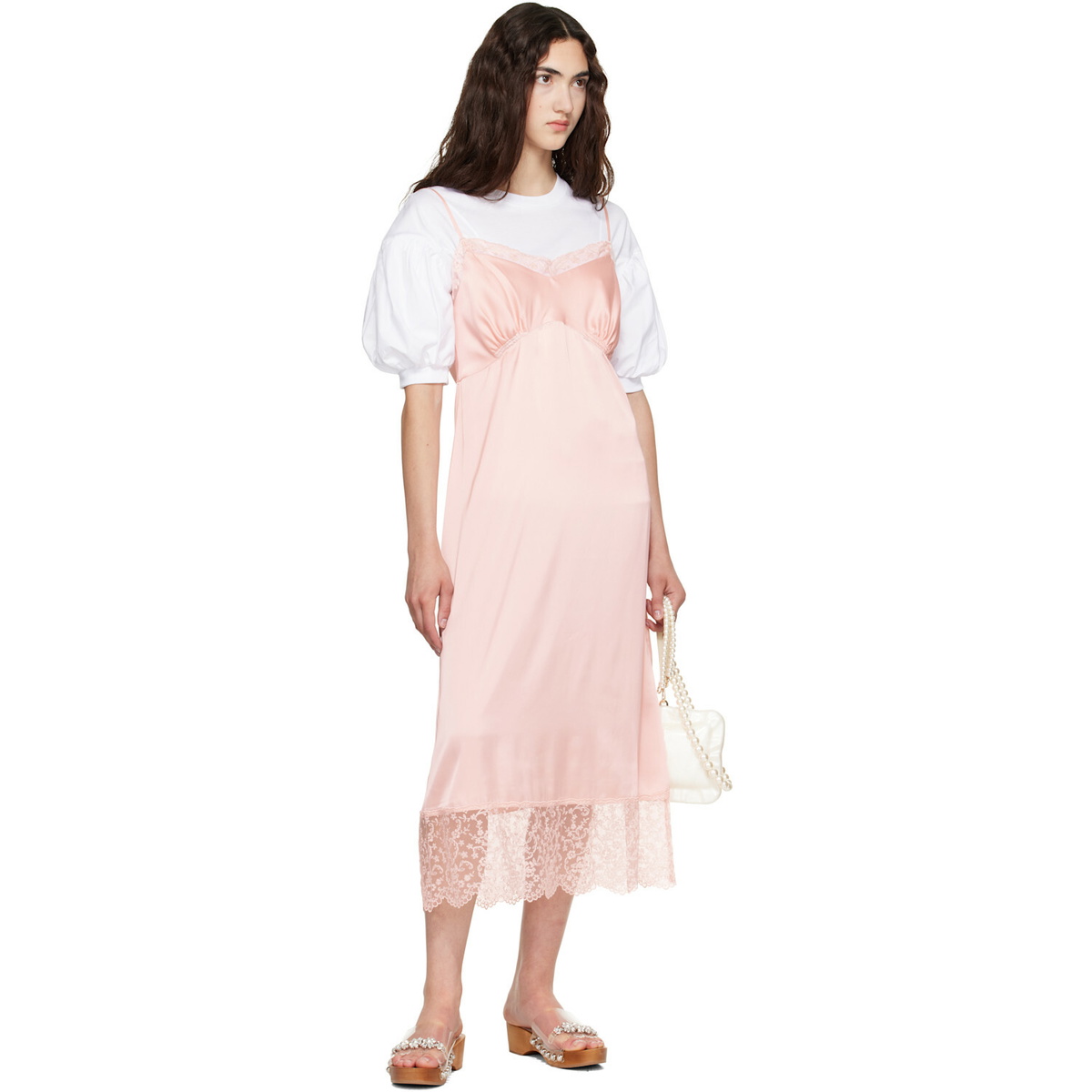 Simone Rocha Pink Lace Trim Slip Midi Dress
