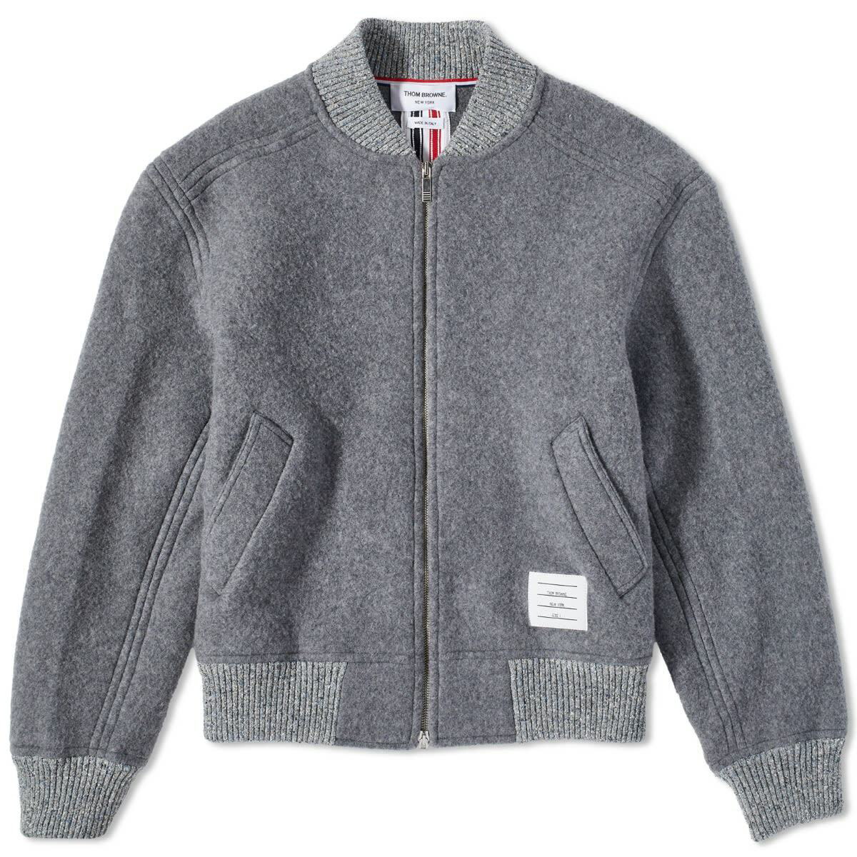Thom Browne Men's Tape Wool Fleece Bomber Jacket in Light Grey Thom Browne