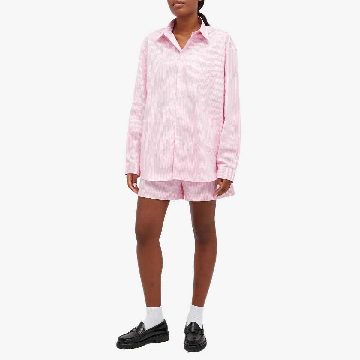 Sporty & Rich Hotel du Cap Cursive Oversized Shirt in Pink/White Thin Stripe White